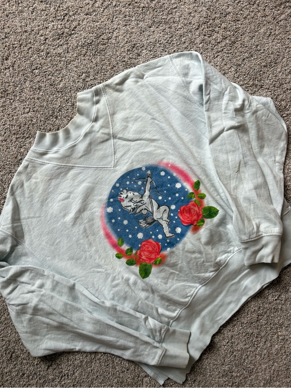 Boys Lie Light Blue Sweatshirt with Angel Graphic and Pink Roses